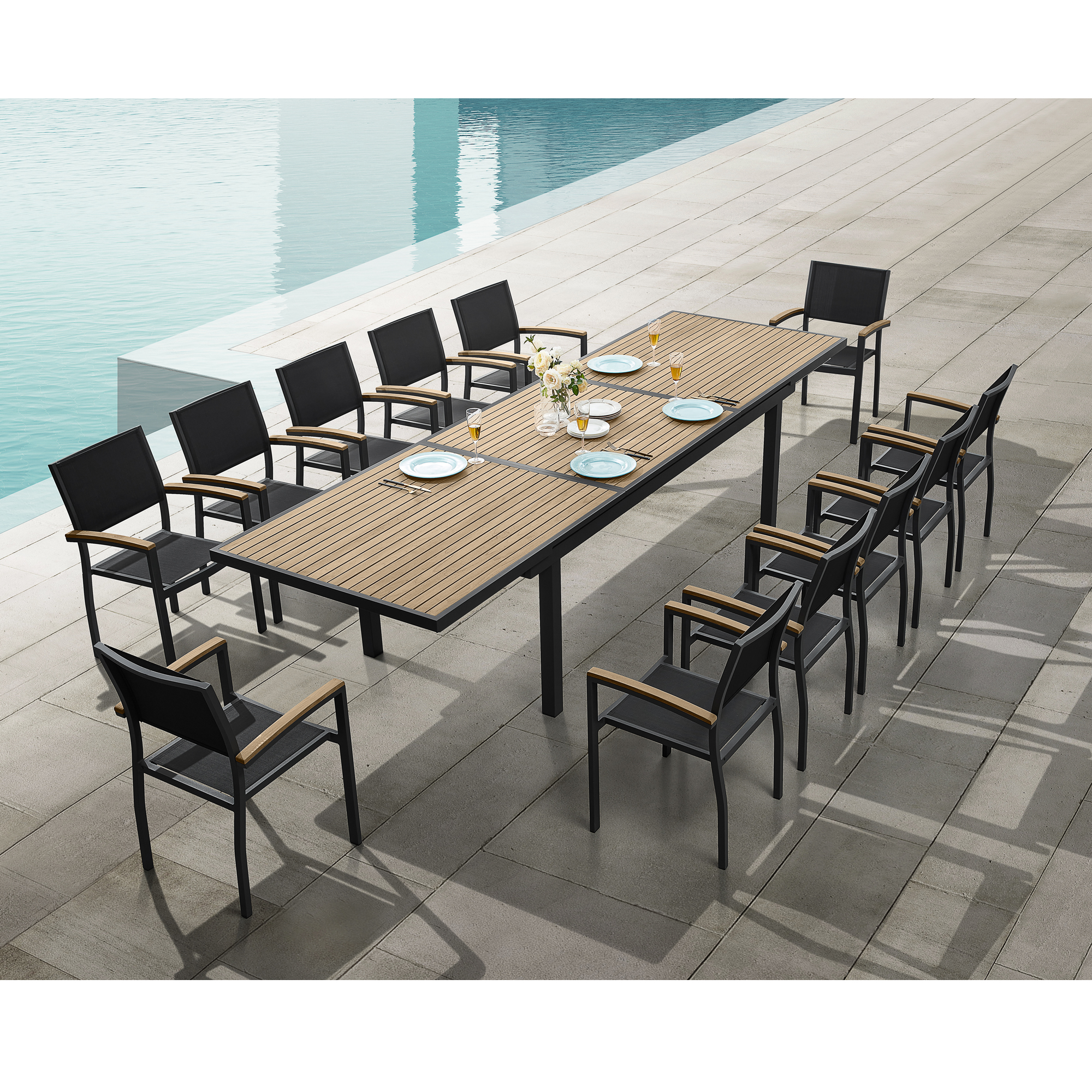 Heck 13 Pieces Aluminum Outdoor Dining Set for 12 Person, FSC Teak Patio Extendable Tabletop and Stackable Chairs, Charcoal Black