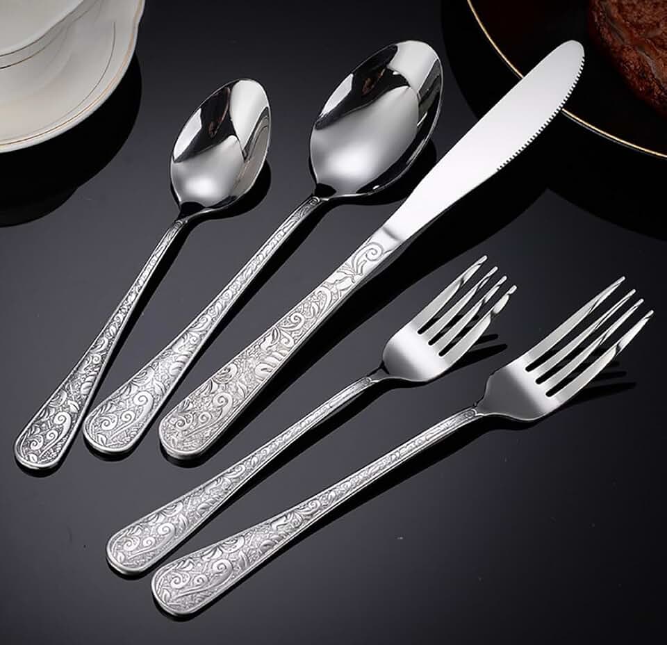 60 Pieces Flatware Set, Unique Silverware Set for 12,Vintage Carved Stainless Steel Embossed Cutlery Set Utensils Forks Spoons and Knifes Set for Home Restaurant Durable Mirror Dinnerware set