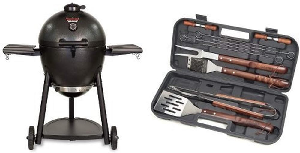 Char-Griller 16620 Akorn Kamado Kooker Charcoal Barbecue Grill and Smoker, Black with Cuisinart Grilling Set