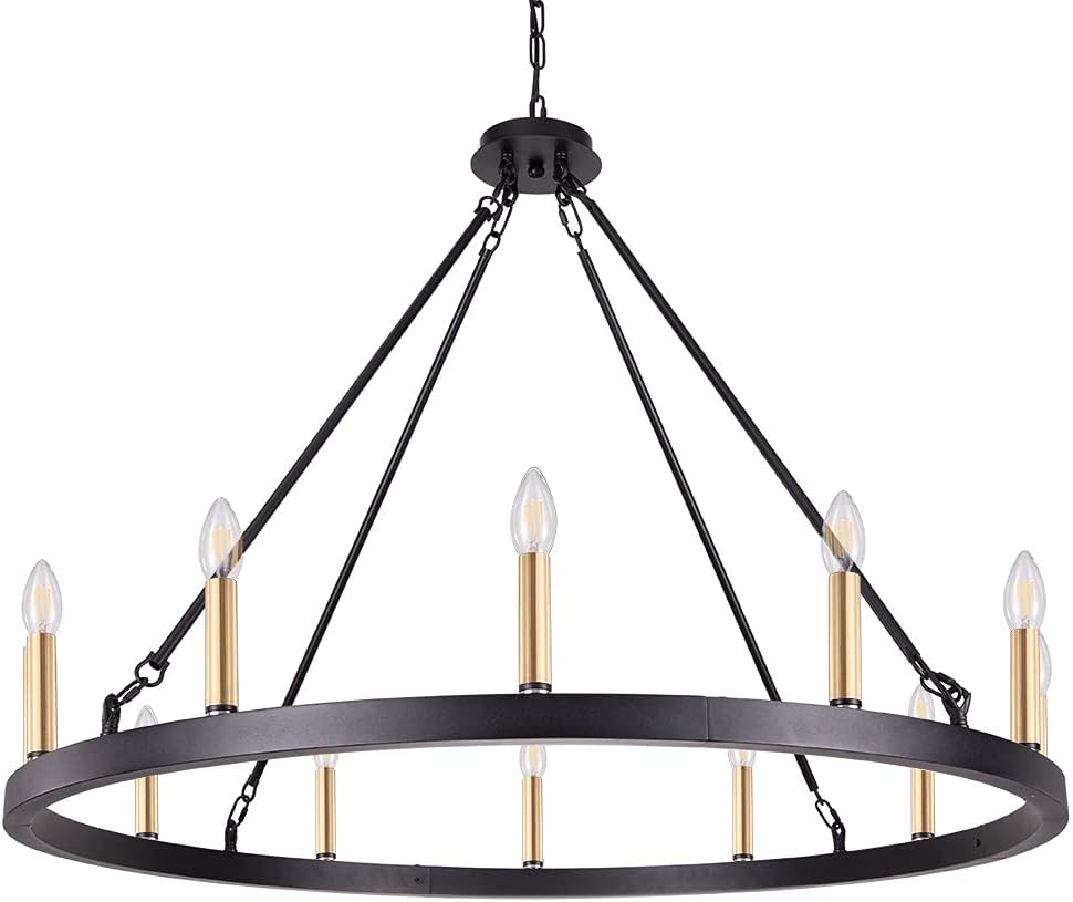 39'' Black Farmhouse Chandelier Light Fixture, 12 Lights Large Wagon Wheel Chandelier for High Ceiling Dining Living Room Foyer, Rustic Candle Pendant Lighting for Antique Vintage Wild West