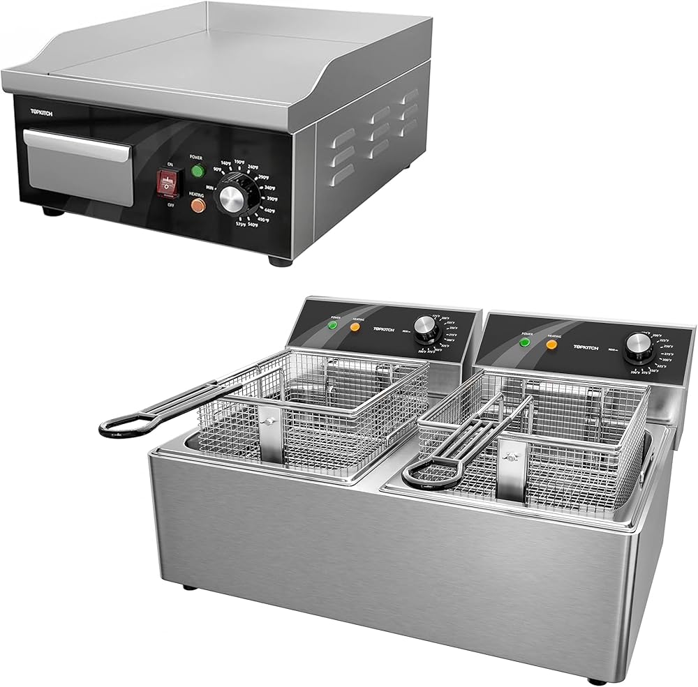 Commercial Deep Fryer 10L X 2 Electric Countertop Fryer 120V 3600W & 14 Inch Electric Griddle 120V 1800W Stainless Steel, Easy Cleaning for Home Kitchen and Restaurant Use