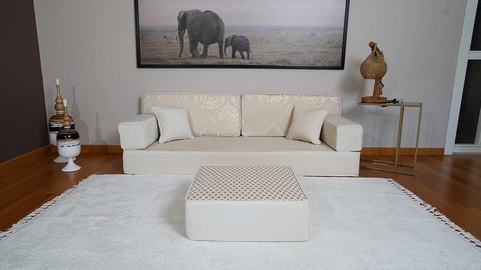 Arabic Diwan Sofa, Floor Cushions, Sofa Set Living Room, Arabic Couch, Floor Pillow, Arabic Sofa, Corner Sofa, Majlis Sofa (8'' Thickness Sofa, Sofa + Ottoman, Royal White)