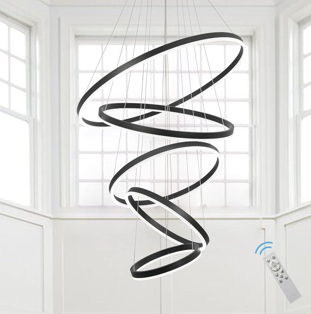 Modern Led Chandelier Lighting Black 5 Ring Led Chandeliers for High Ceiling Dimmable Luxury Contemporary Ceiling Pendant Light Fixtures Living Room Foyer D31.5 inch