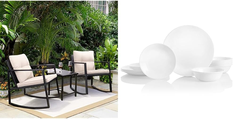 Greesum 3-Piece Rattan Wicker Patio Furniture Set with Rocking Chairs, Glass Table and Corelle 18-Piece Dinnerware Service for 6