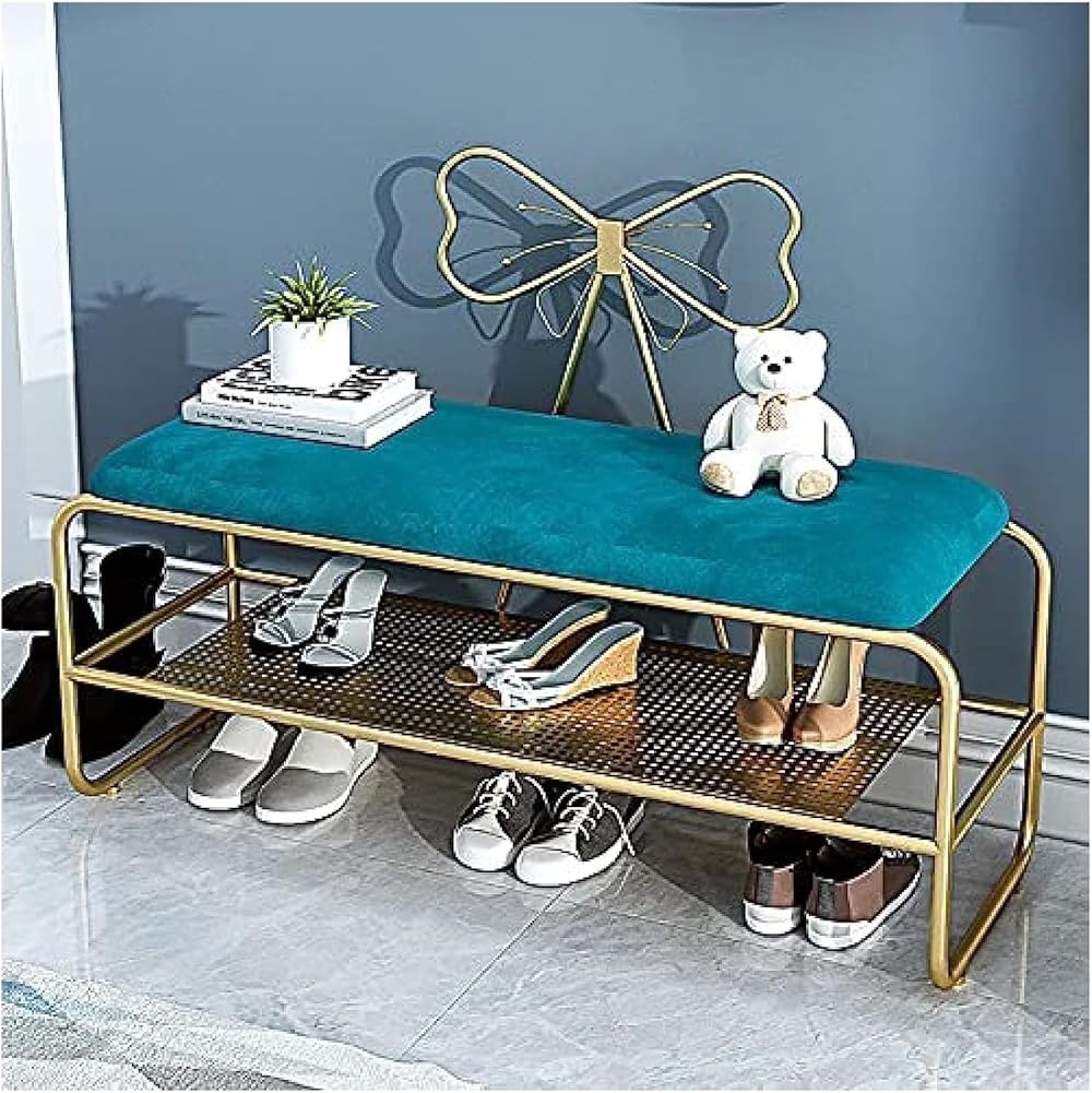Shoe Storage Bench Entryway Hallway Furniture, Velvet Entrance Shoe Stool Metal Mesh Shoe Rack Bench Shoe Cabinet Bedroom Entrance Storage Bench Shoe Stool(Gray(Love),100x45x35cm)