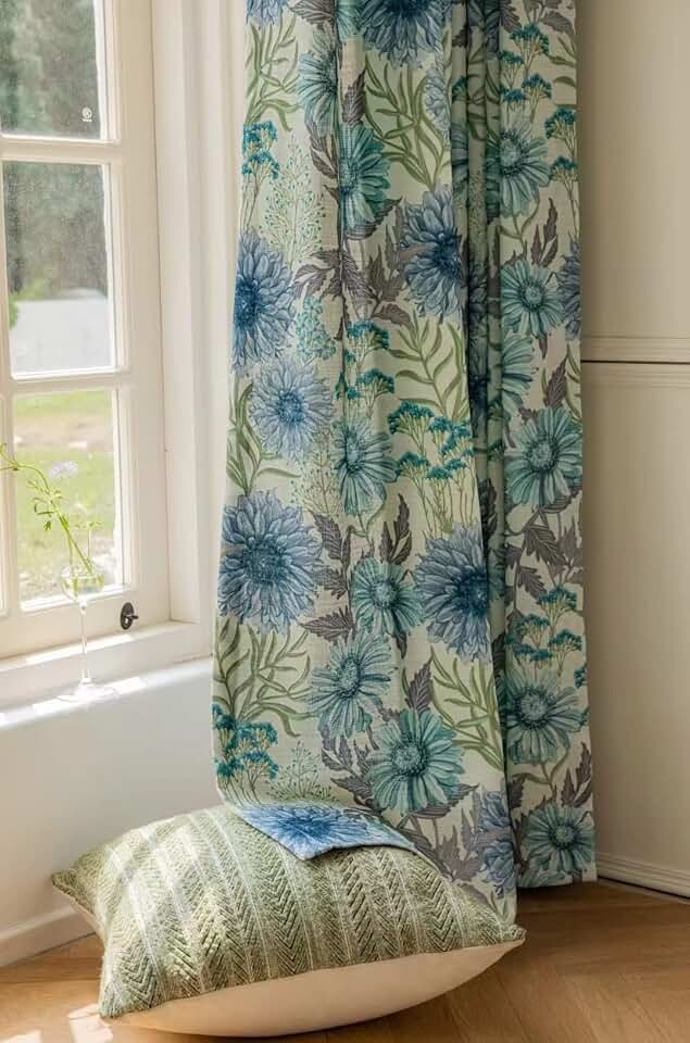 Blue Window Curtains Drapes for Living Room 72 Inch Length 1 Panel Long Cotton linen Textured Country Floral Semi Blackout Farmhouse Darkening Curtain for Bedroom (Pinch Pleated Drapes, 100