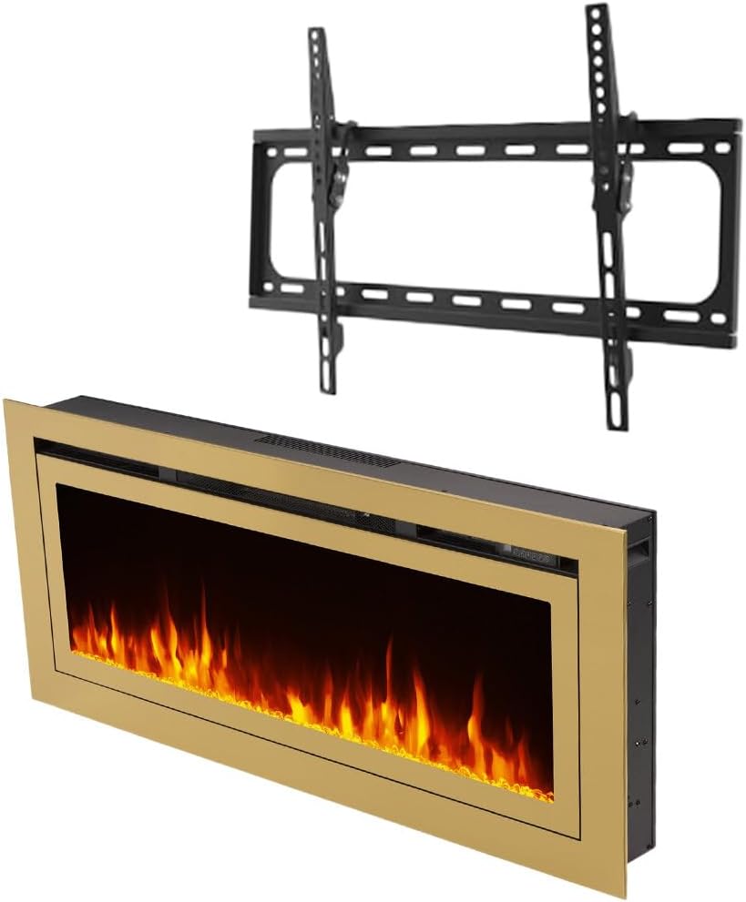 Touchstone Fireplace and TV Mount Bundle - Sideline Deluxe™ 50 Inch Wide Gold Smart Electric Fireplace and Low Profile TV Wall Mount Bracket
