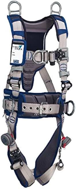 3M DBI-SALA 1112548 ExoFit STRATA, Aluminum 6 D-Rings, Tri-Lock Revolver QC Buckles with Sewn in Hip Pad & Belt, X-Large, Blue/Gray