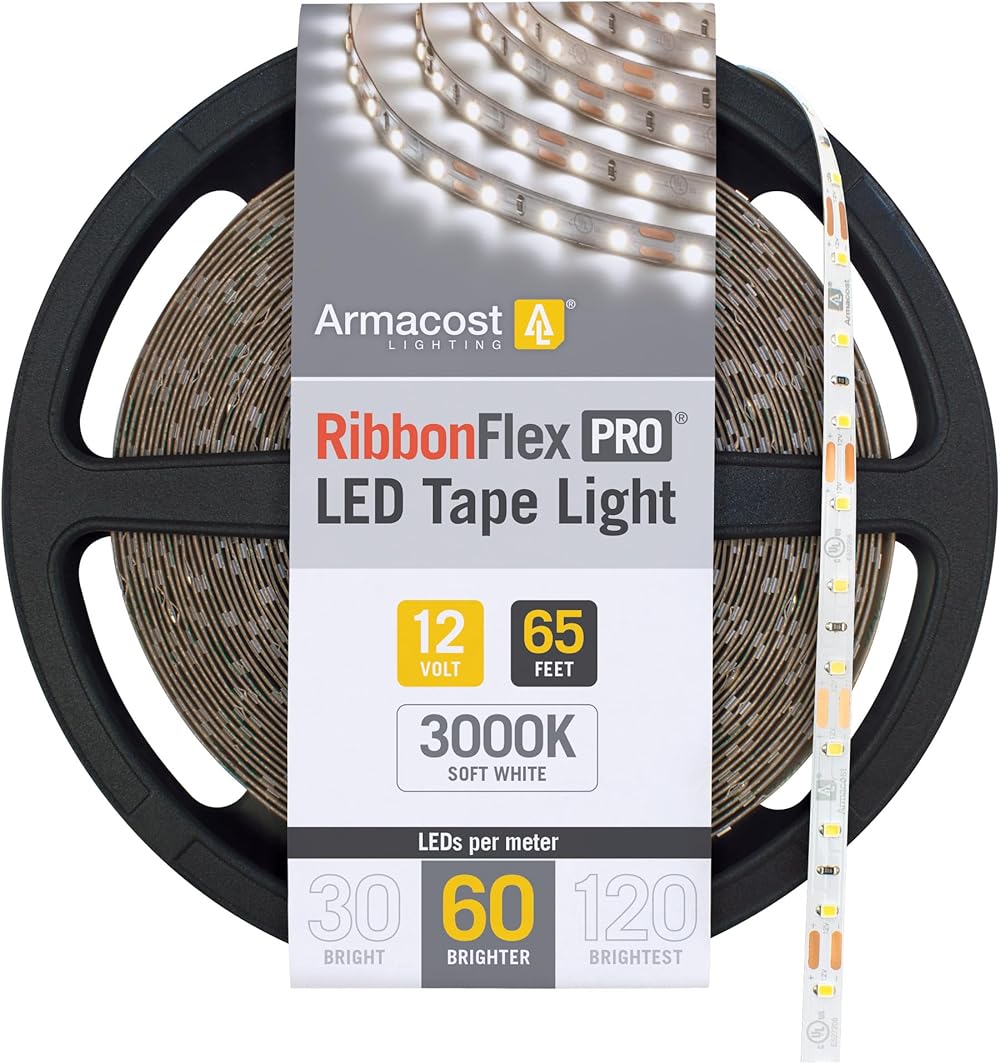 Armacost Lighting RibbonFlex Pro 12-Volt White Tape Strip Light 60 LEDs/m, 3000K Soft White, 65.6 ft (20M) 142260
