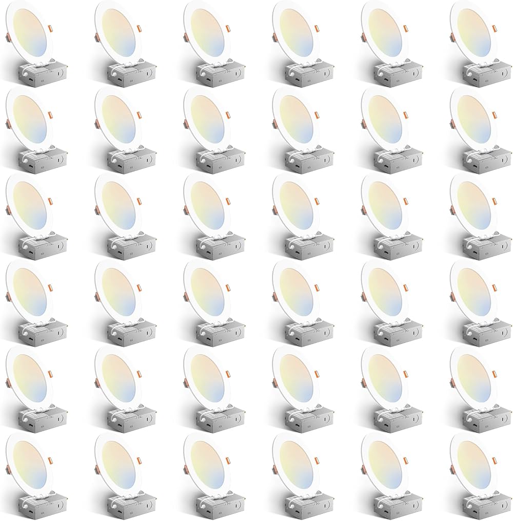 36 Pack 6 Inch 5CCT Ultra-Thin LED Recessed Ceiling Light with Junction Box, 2700K/3000K/3500K/4000K/5000K Selectable, 1050 Lumens, Dimmable Canless Wafer Downlight, 12W Eqv 110W-ETL&FCC
