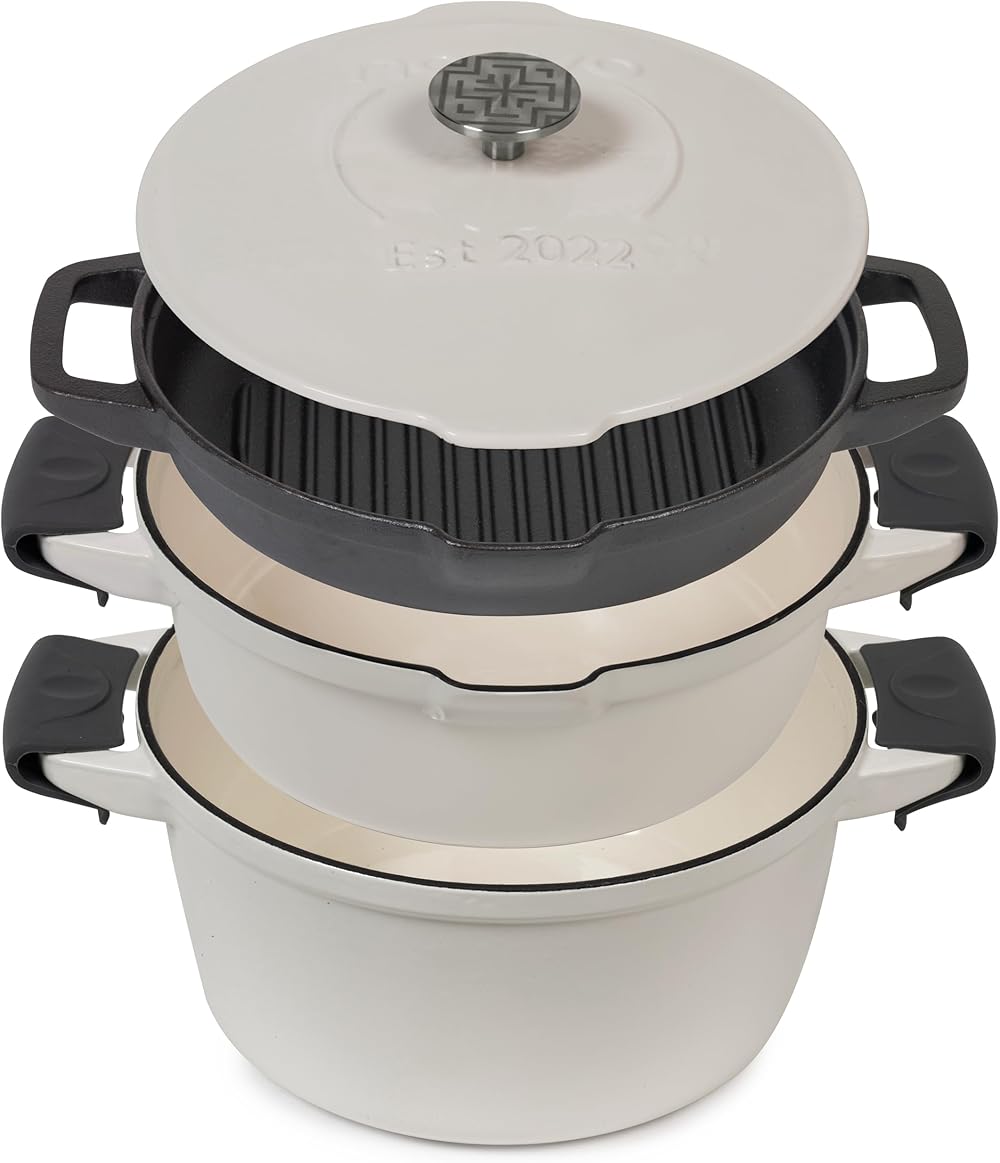 NATIVO 5pc Stackable Cast Iron Cookware Set, Versatile Enamel Dutch Oven, Seasoned Grill Pan & Enamel Braiser with Precision Pour Spouts, Universal Lid, Included Spacers/Handle Holders, White Dutch