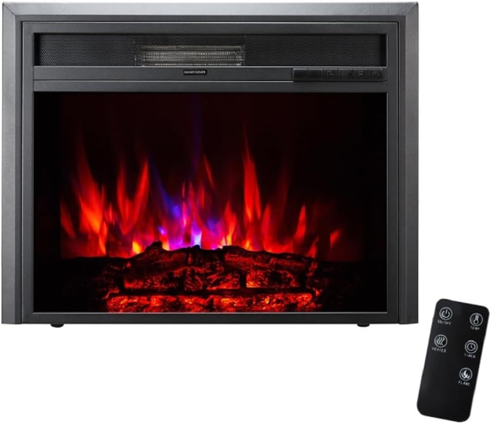 XBrand 28 Inch Insert Electric Fireplace Heater with Remote Control, LED Rolling Flame Effect, and Temperature Limiting Control, Glass and Steel Indoor, Black