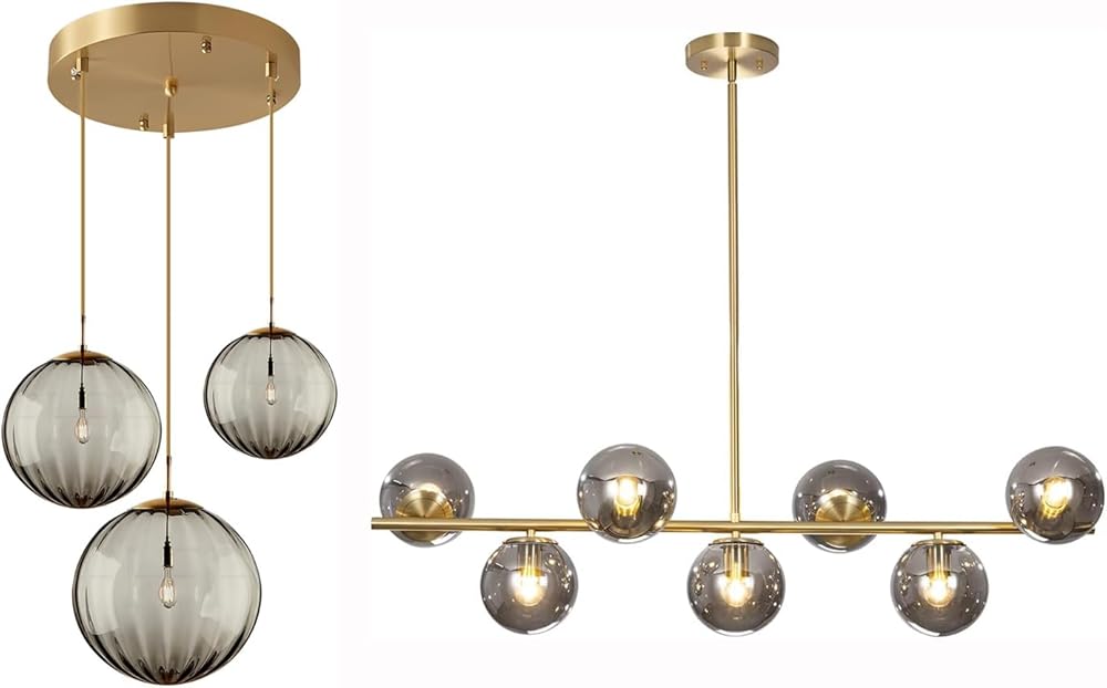 Modern 3-Light Cluster Chandelier Large Smoked Glass Pendant Light Globe Chandelier Light Fixture Brass Linear Pendant Light Kitchen Island Lighting Smoke Round Chandelier