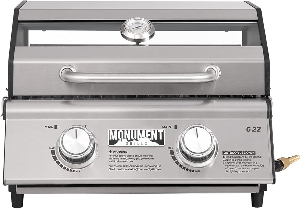 Portable Propane Gas Grill 2-Burner Tabletop Clearview Monument Grills for Outdoor Camping Cooking, Two 15,000 BTU Burners, Stainless Steel, and Built-in Thermometer