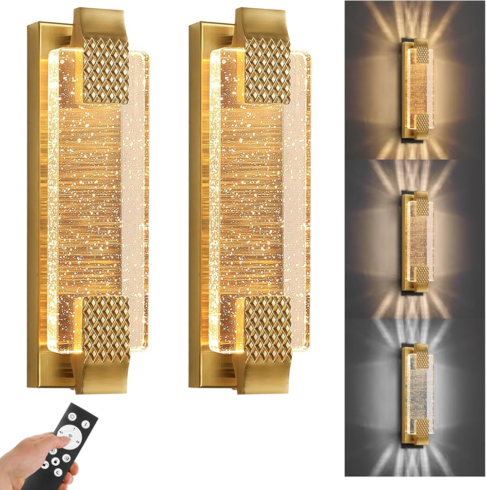 Gold Wall Sconces Set of 2, Hardwired Modern Indoor Sconces Wall Lighting with Remote 3000K-6000K Dimmable LED Bubble Glass Lights for Bedroom, Living Room, Hallway