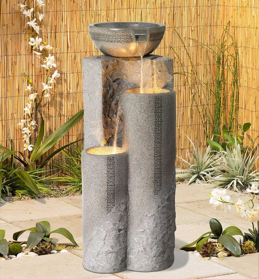 Bowl and Pillar Zen Modern Outdoor Floor Water Fountain 34 1/2