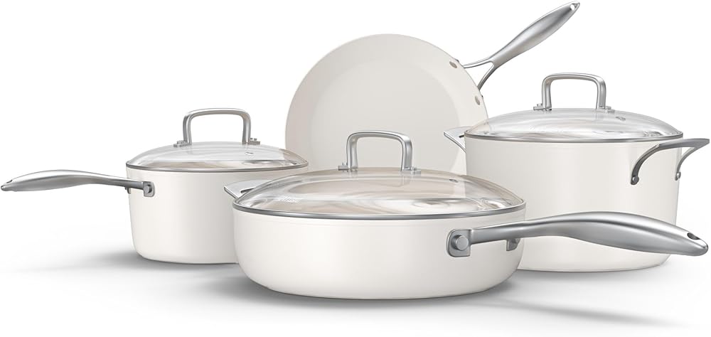 Nonstick Ceramic Cookware Set (7 Piece) - Non Toxic, PTFE & PFOA Free - Oven Safe & Compatible with All Stovetops (Gas, Electric & Induction)