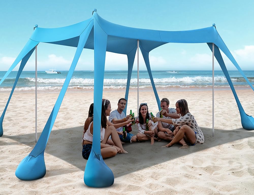 Beach Tent, Beach Canopy UPF50+ UV Protection, 10x10ft Beach Shade Sun Shelter with 8 Sandbags, Sand Shovels, Ground Pegs, Stability Poles for Camping, Fishing, Picnics, Backyard Fun and more