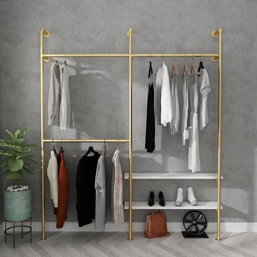 LANJIN Industrial Pipe Clothing Rack,Clothes Rack for Wardrobe, Bedroom and As Walk-in Closet System.Sturdy Clothing Racks for Hanging Clothes,Wall Mounted Heavy Duty Clothes Rack,Gold D