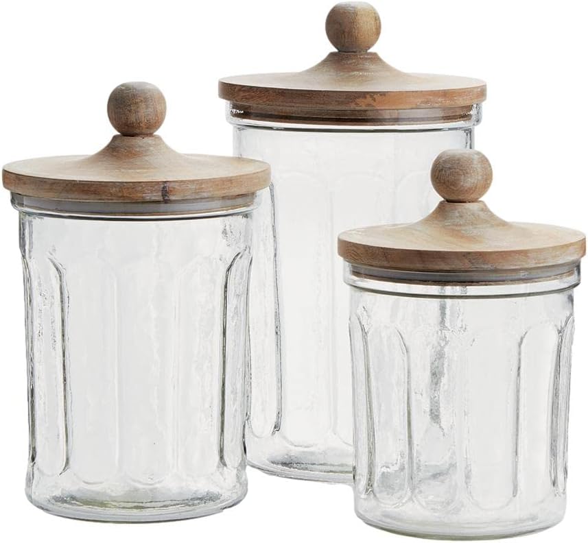 MY SWANKY HOME Vintage Style Clear Seeded Glass Canisters Set 3 Decorative Jars Wood Lids
