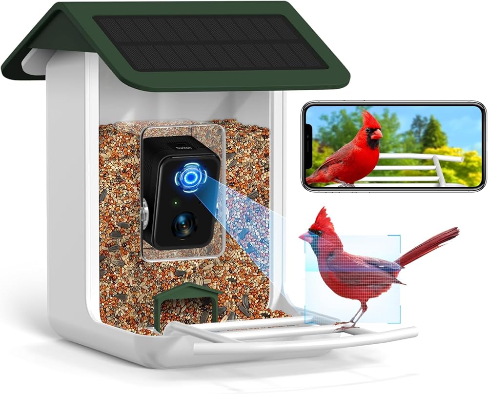 Smart Bird Feeder Camera, Free AI Forever, 32G TF Card & 1080P HD Camera Auto Capture Bird Videos & Solar Panel, App Notify When Birds Detected, Bird House with Built-in Two-Way Microphone
