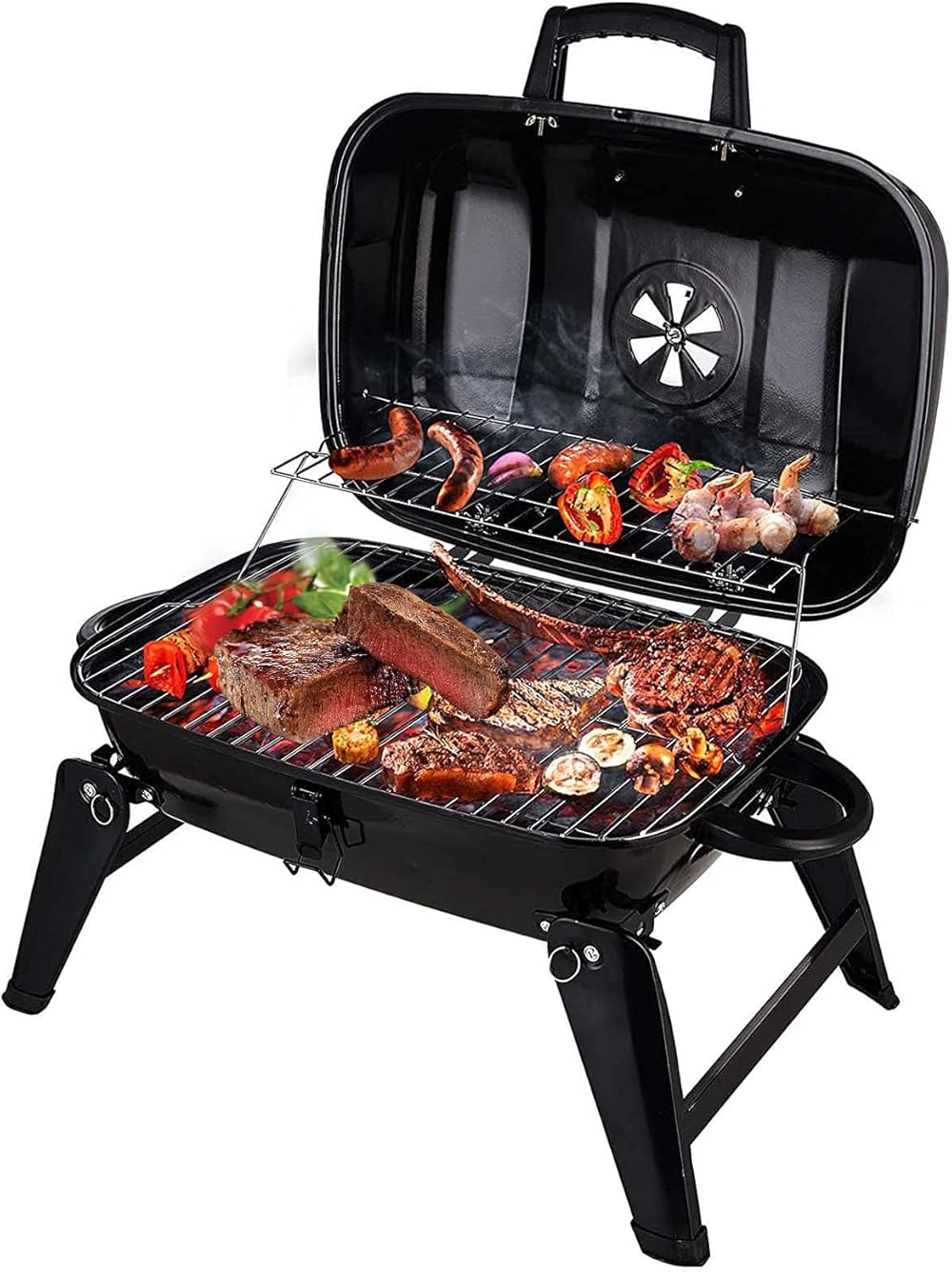 Charcoal Grill, Portable BBQ Grill, Outdoor Tabletop Grills & Smokers with Lid, Folding Legs, Anti-Scalding Handle Design, for Camping Patio Backyard and Cooking