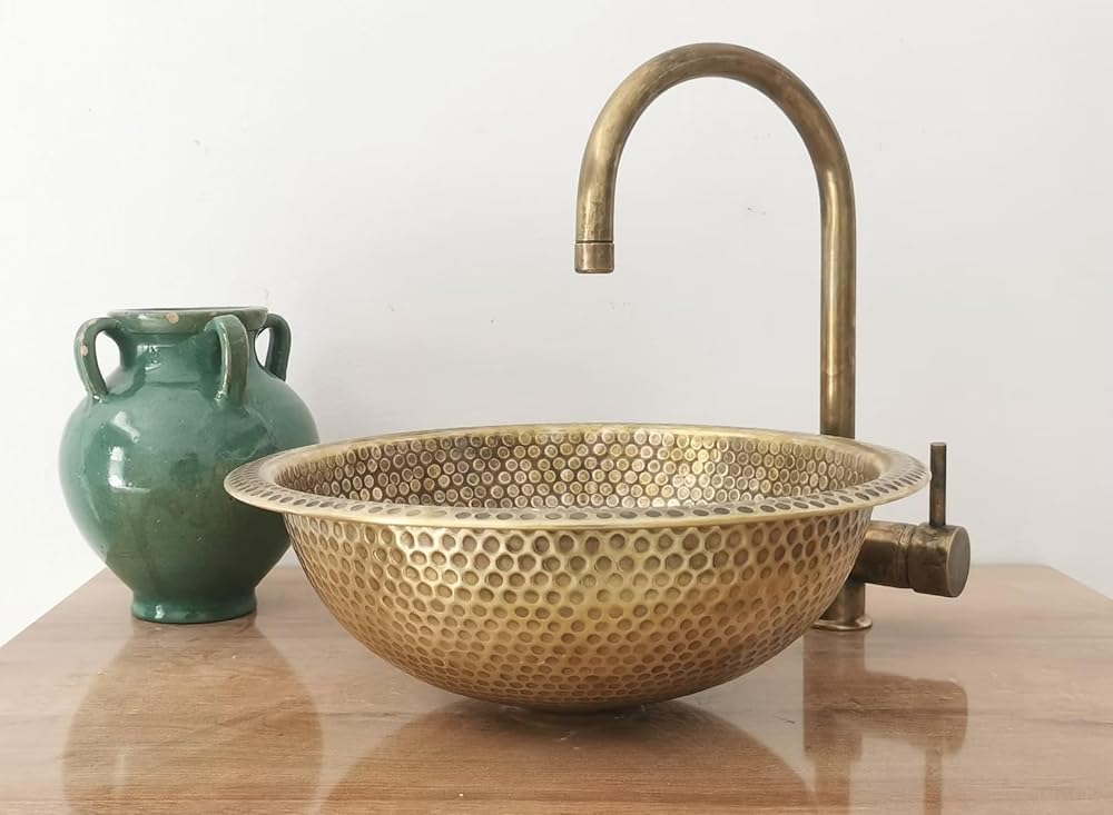 Brushed Brass Bathroom Round Sink, Countertop Farmhouse Copper Single Bowl Wash Basin Sink with Brass Drain. (40cm = 16 inches)