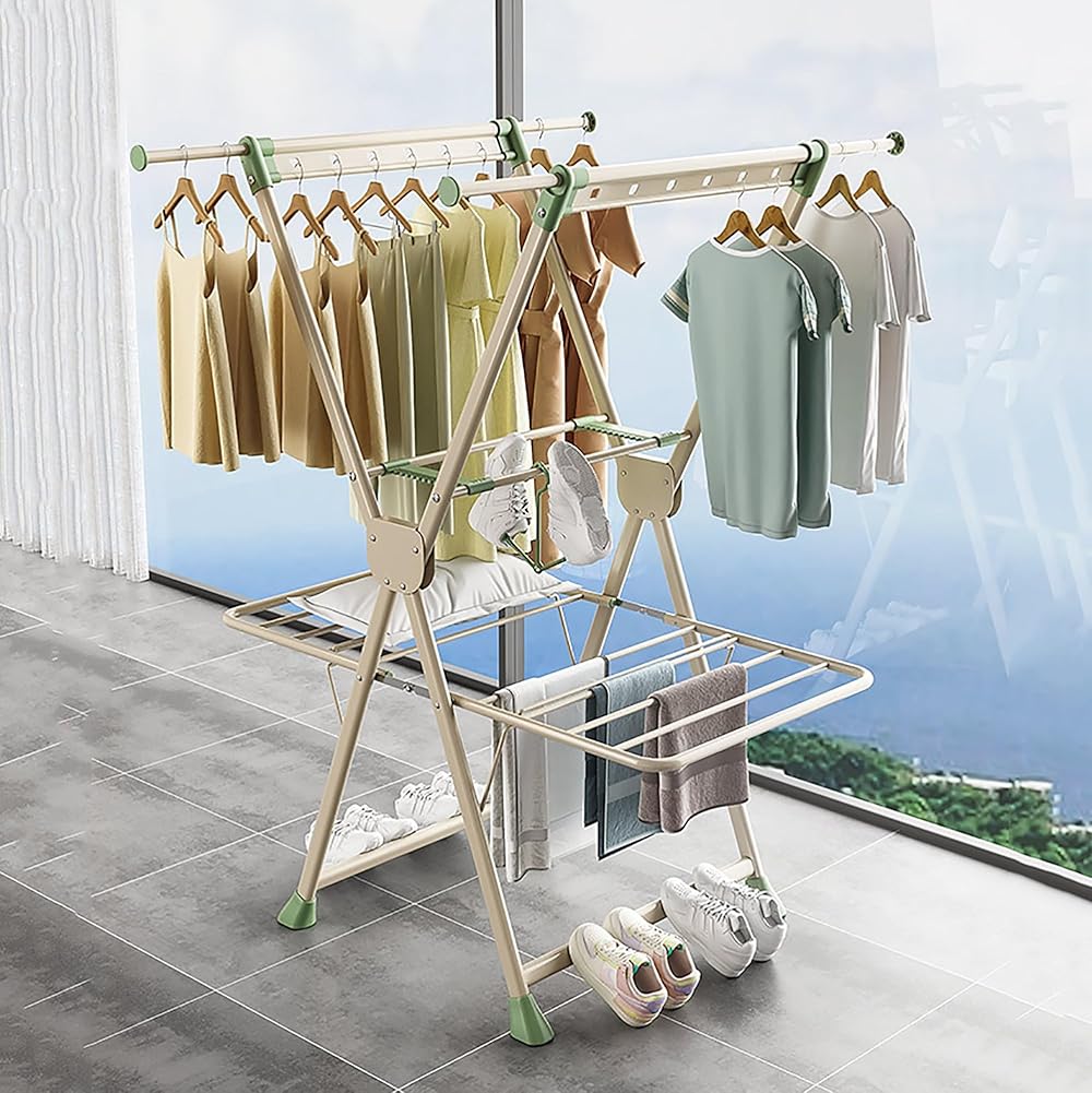 Clothes drying rack,laundry rack drying collapsible, portable drying rack Washing Airer, Floor-standing indoor balcony telescopic clothes drying rack, with Windproof Hooks, 63-99CM telescopic pole
