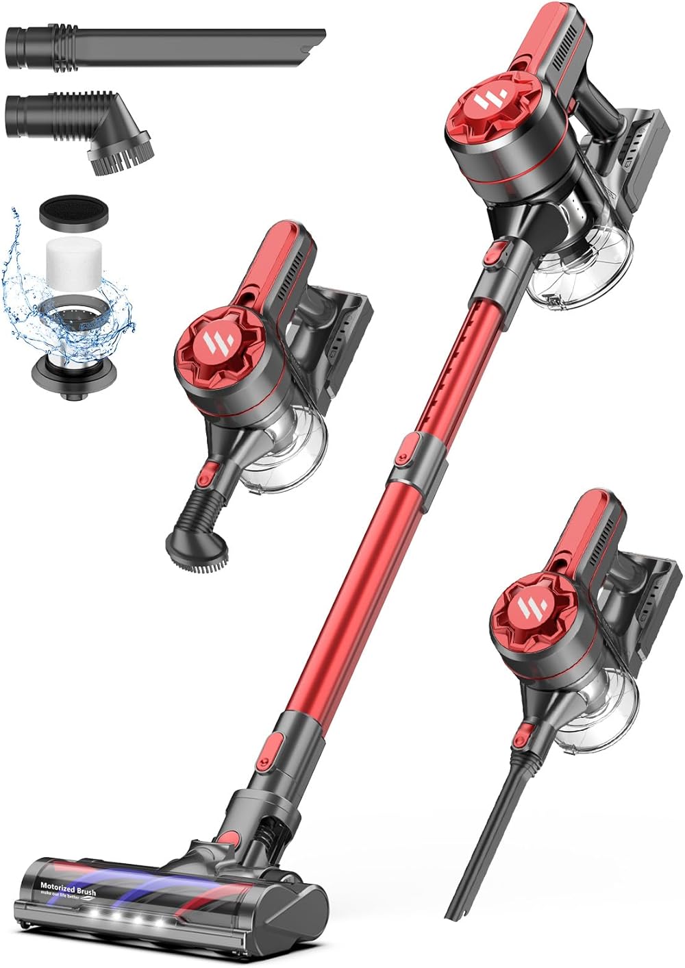 Cordless Vacuum, Stick Cordless Vacuum Cleaner with 2200mAh Powerful Lithium Batterie, Up to 30 Mins Runtime Handheld Vacuum Cleaner, 4 in 1 Lightweight Vacuum for Hardwood Floor (Red)