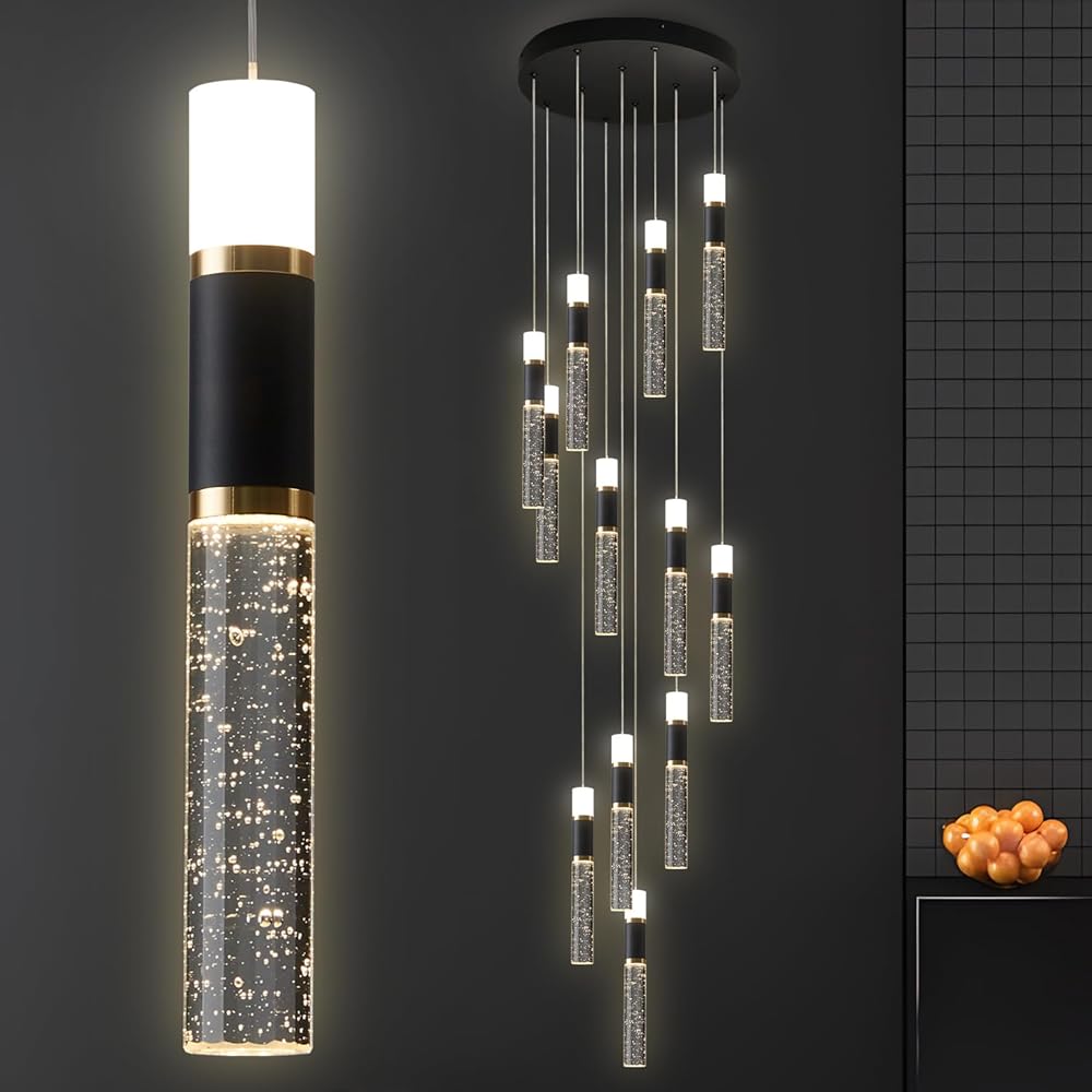 12-Light Modern Chandelier, Black Gold Staircase Chandelier Dimmable High Ceiling Chandelier Modern Bubble Crystal Raindrop Chandeliers for High Ceiling Hanging Pendant Chandelier for Entryway