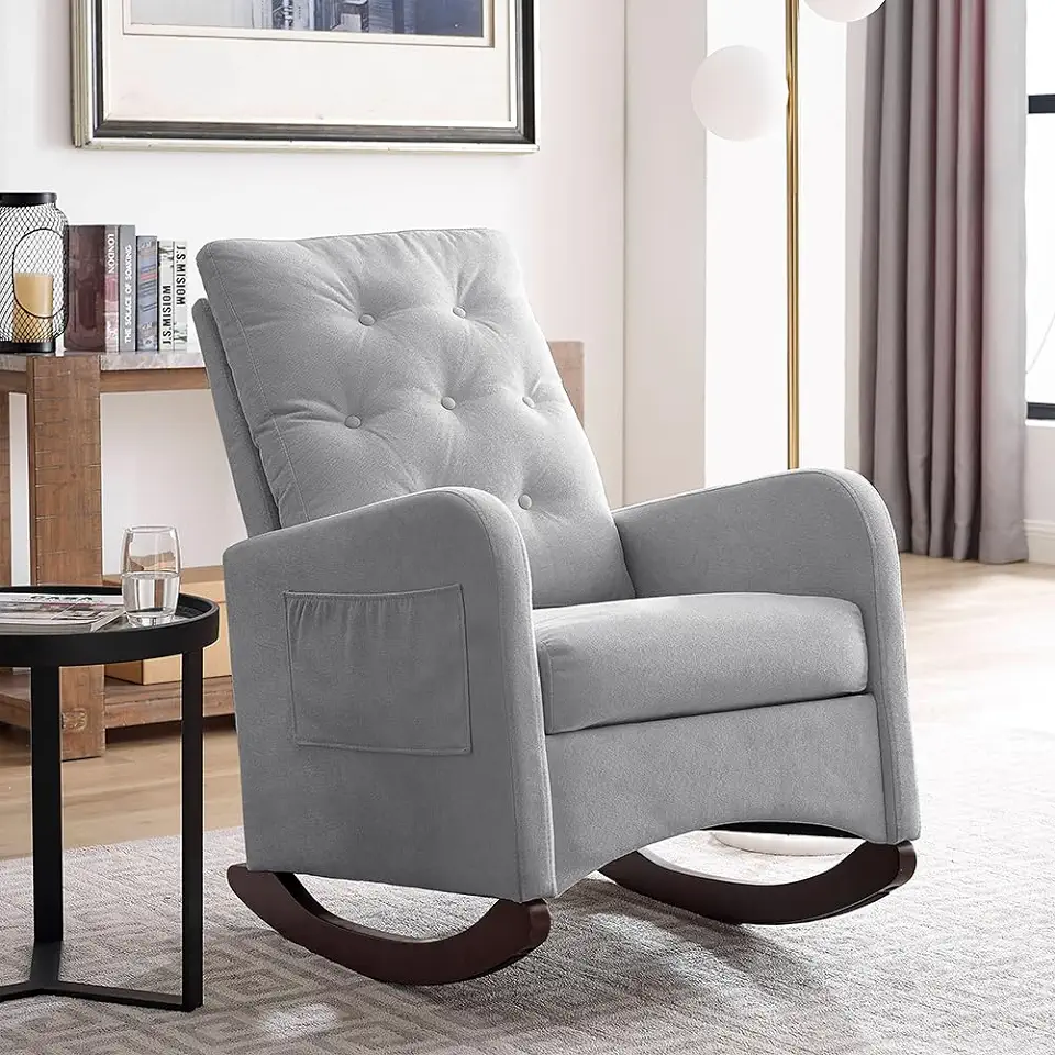 Modern Accent Rocking Chair,Comfy Armchair with 2 Side Pockets,Rocking Accent Chair,High Backrest with Decorative Buttons,Lounge Arm Chair for Living Room/Bedroom/Nursery(Grey)