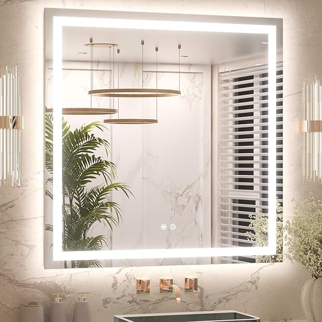 Keonjinn LED Bathroom Mirror 36 ” x 36 ” with Frontlit & Backlit, Lighted Mirror for Bathroom Wall with Stepless Dimmable 3-Color Lights, Anti-Fog Mirror with HD Tempered Glass, UL-Listed LED Driver