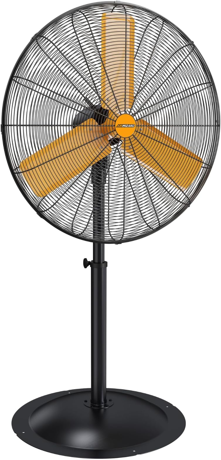 24 inch Oscillating Industrial Pedestal Fan, 7600 CFM High Velocity Metal Commercial Standing Fan, 3 Speeds, Adjustable Height and Tilt, for Warehouse, Garage, Shop