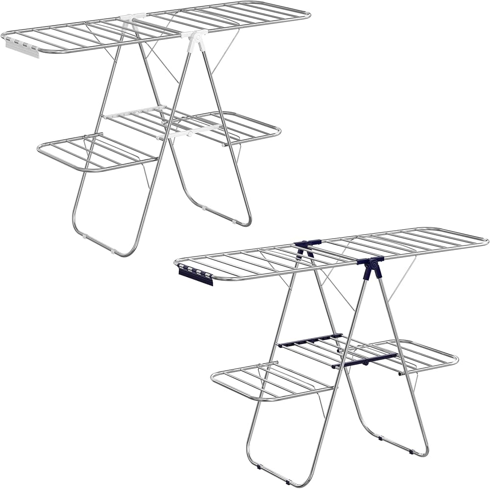 SONGMICS Clothes Drying Rack Bundle, Foldable 2-Level Laundry Drying Rack, Free-Standing Large Drying Rack, with Height-Adjustable Wings, Blue and White ULLR53BU and ULLR053W01