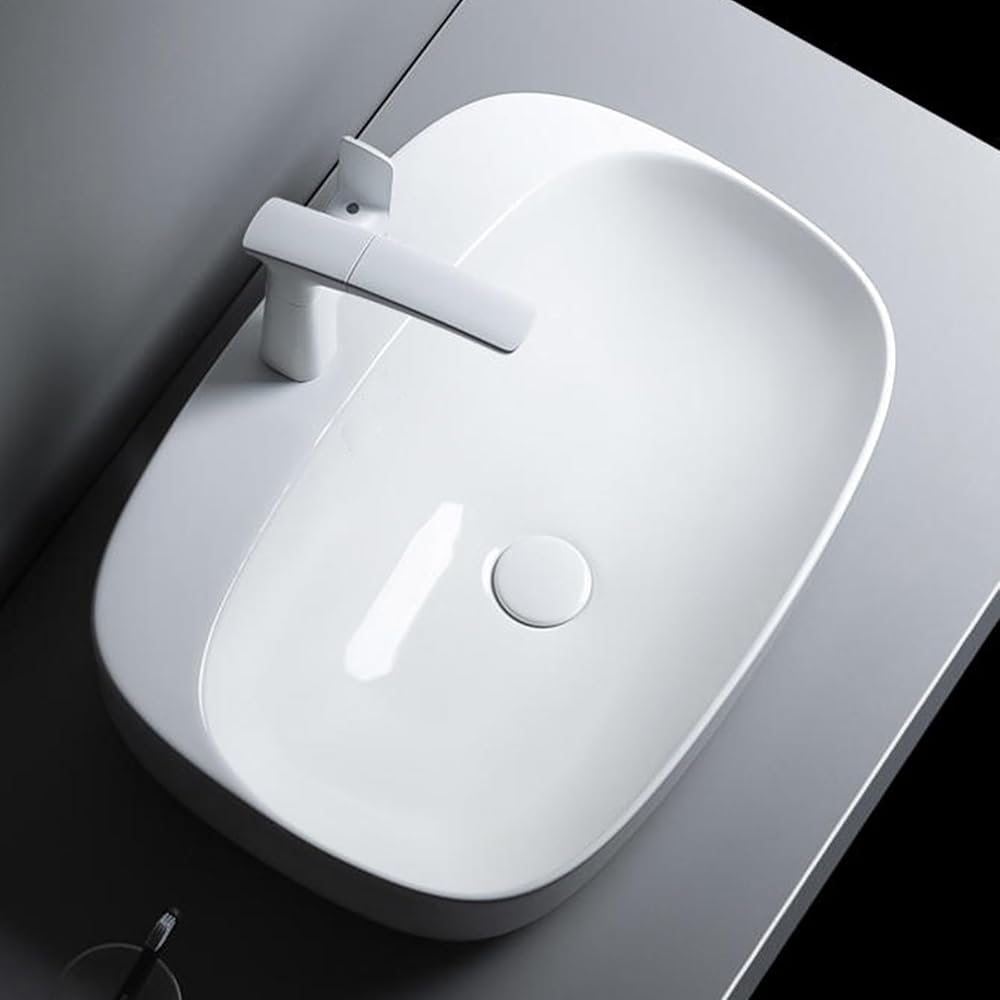 Oval Commercial Ceramic Small Sink Bowl，Modern Above Counter Ceramic Bathroom Vessel Sink With faucet，White Countertop Basin Lavatory Vanity with Faucet，Suitable for hotels(42 * 42cm/16.5 * 16.5in)