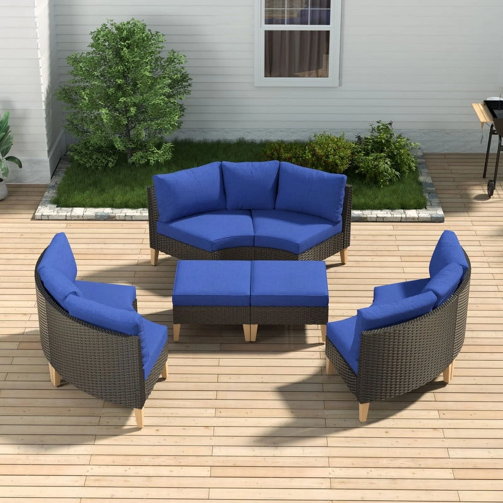 PARKWELL 8 Pieces Wicker Conversation Set with Half-Moon Curved Cushioned Sofa and Ottomans, Outdoor All-Weather Patio Sectional Seating Furniture Set for Patio Deck Garden Pool,Navy