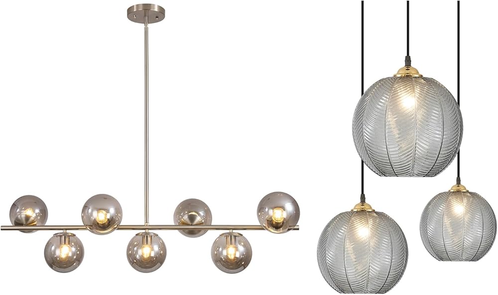 KCO Lighting Mid Century Modern 7-Light Silver Chandelier Brushed Nickel Kitchen Island Pendant Lighting 3-Lights Smoke Gray Glass Pendant Light Black Globe Round Cluster Chandelier
