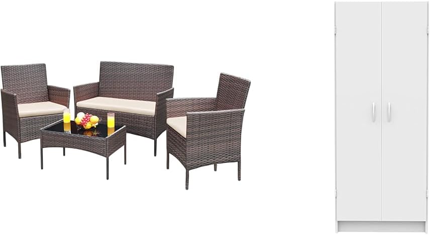 Greesum Patio Furniture 4 Pieces Conversation Sets & ClosetMaid Pantry Cabinet Cupboard with 2 Doors, Adjustable Shelves, Standing
