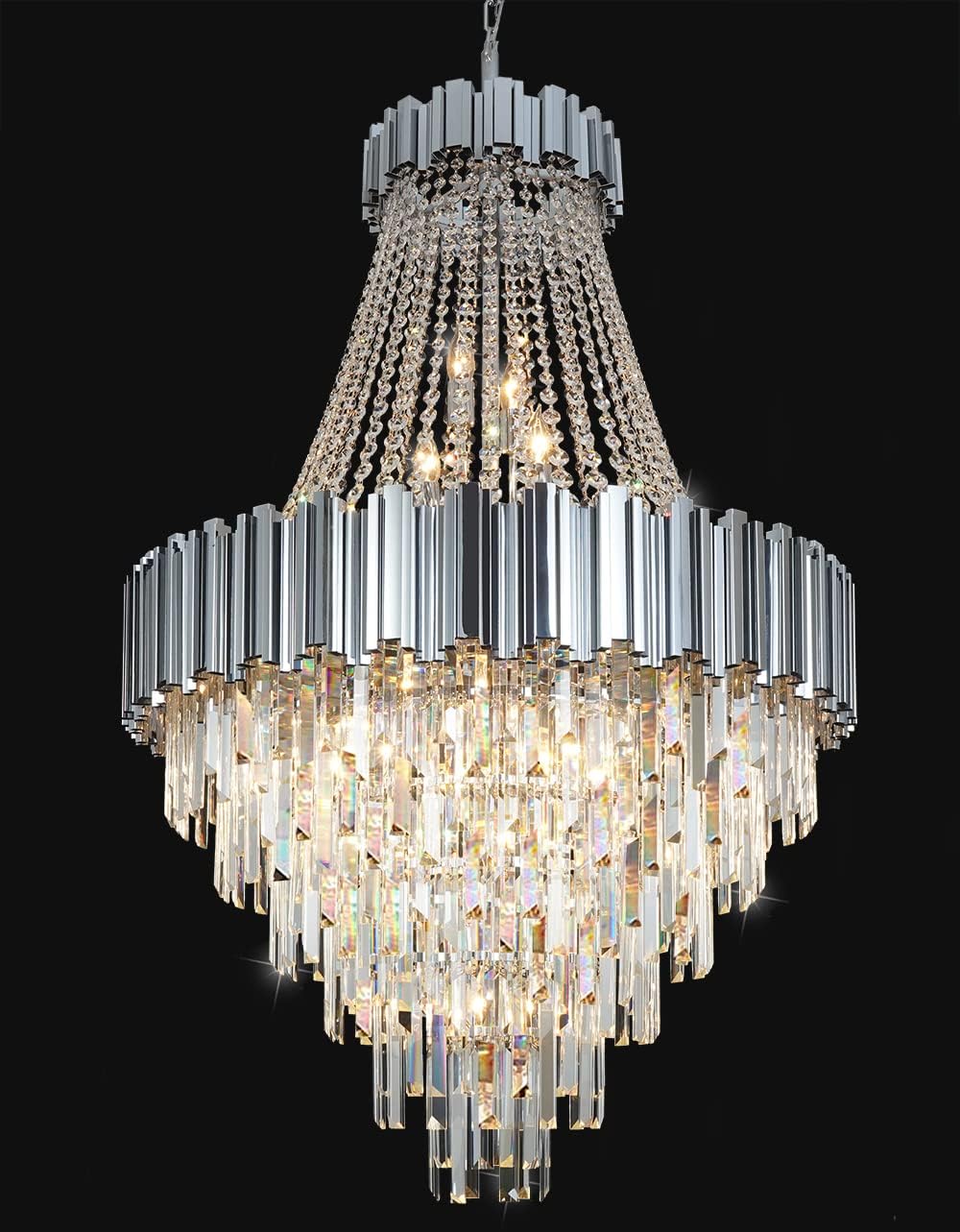 Crystal Chandelier Lighting Modern Pendant Ceiling Light Fixture 17 Lights Chrome Contemporary Foyer Entryway Chandeliers for Living Room Staircase Stairway
