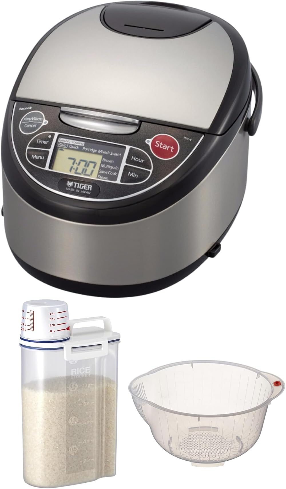Tiger Stainless Steel/Black Rice Cooker - Microcomputer Controlled 10-Cup Rice Cooker and Warmer with Fuzzy Logic Technology Bundle with Rice Container Bin and Washing Bowl (3 Items)