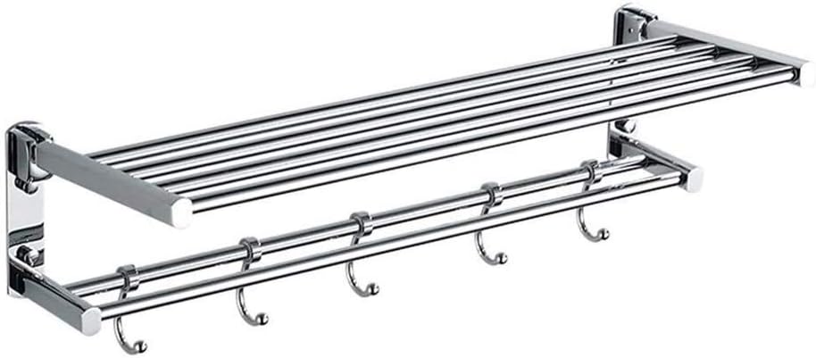 Foldable Towel Rack for Bathroom Wall Mounted, with Towel Hooks and Adjustable Towel Bar, Bathroom Towel Shelf