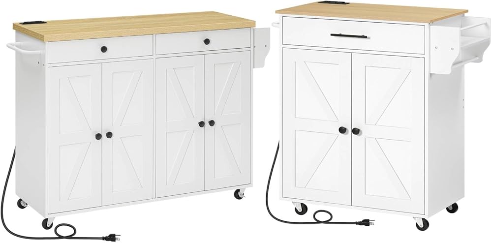 HOOBRO 43.3 Inch Kitchen Island and Kitchen Island with Power Outlet Bundle, Rolling Kitchen Island with Storage, Kitchen Island Cart with Spice Rack and Hooks, WN11UZD01-WN88UZD01