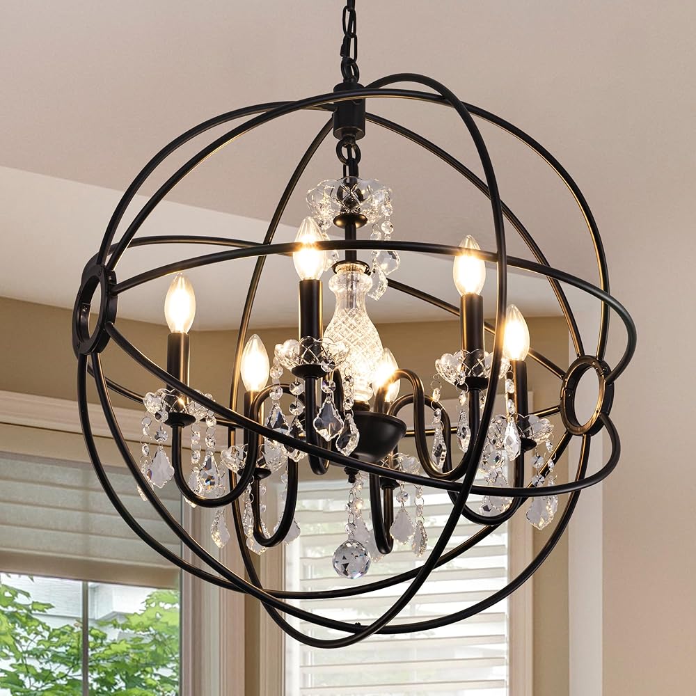 Wellmet Black Chandelier Light, 25'' Sphere Chandelier with Crystal for Foyer, Farmhouse Round Hanging Ceiling Lighting Fixture for Dining Room, Living Room Bedroom