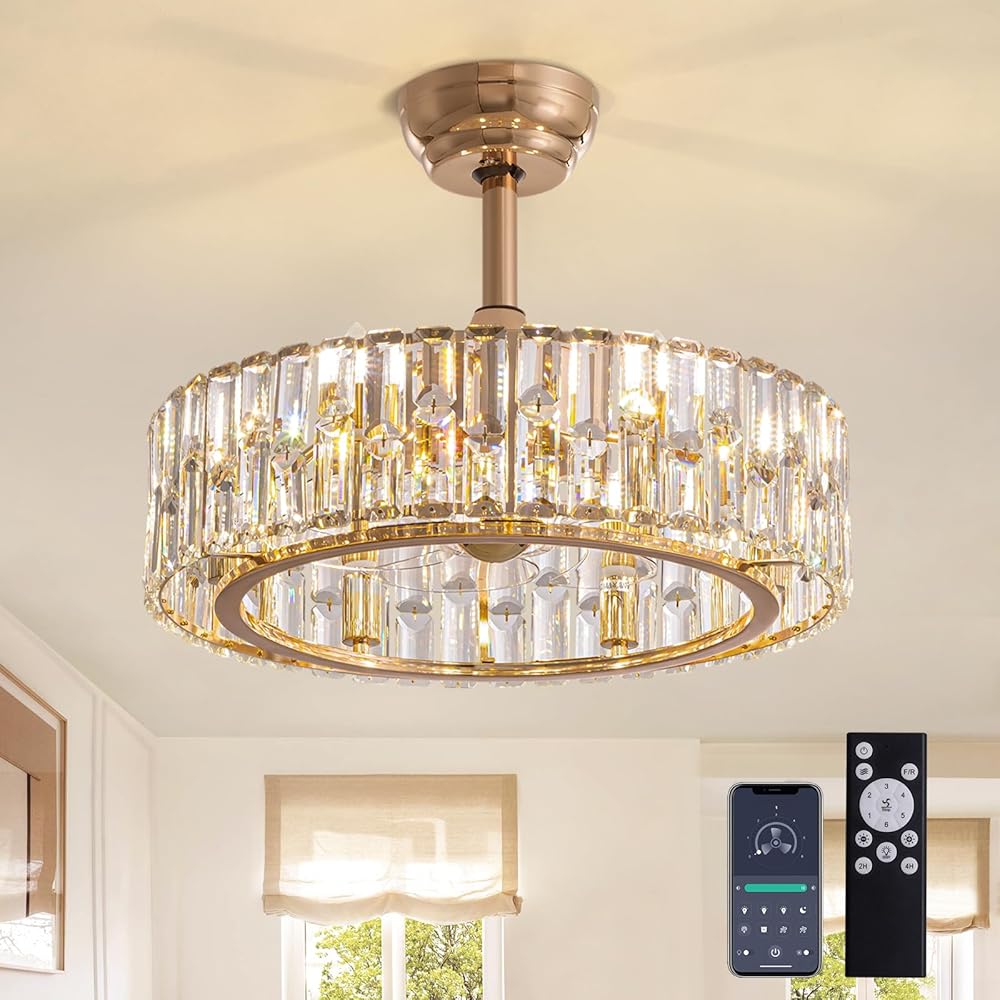 Siljoy 19.7'' Crystal Caged Ceiling Fan with Light, 6-Light Modern Gold Bladeless Chandelier Fan with Remote Control, 6 Speed Low Profile Fandelier with Reversible Motor for Bedroom Living Room