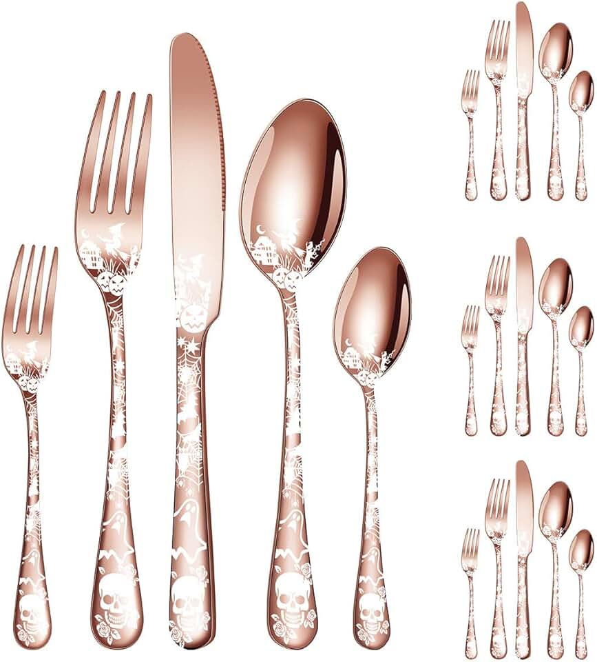 Gold Silverware Set Forks Spoons for 18 Stainless Steel Modern 90 Pieces Flatware Set,Mirror Polished Tableware Cutlery Set for Kitchen Wedding Restaurant Utensils Set with Skull Pattern Halloween