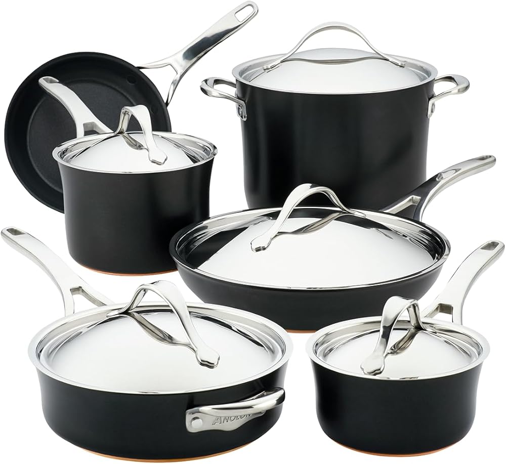Anolon Nouvelle Copper Hard Anodized Nonstick Pots and Pans, Cookware Set (11 Piece), Onyx
