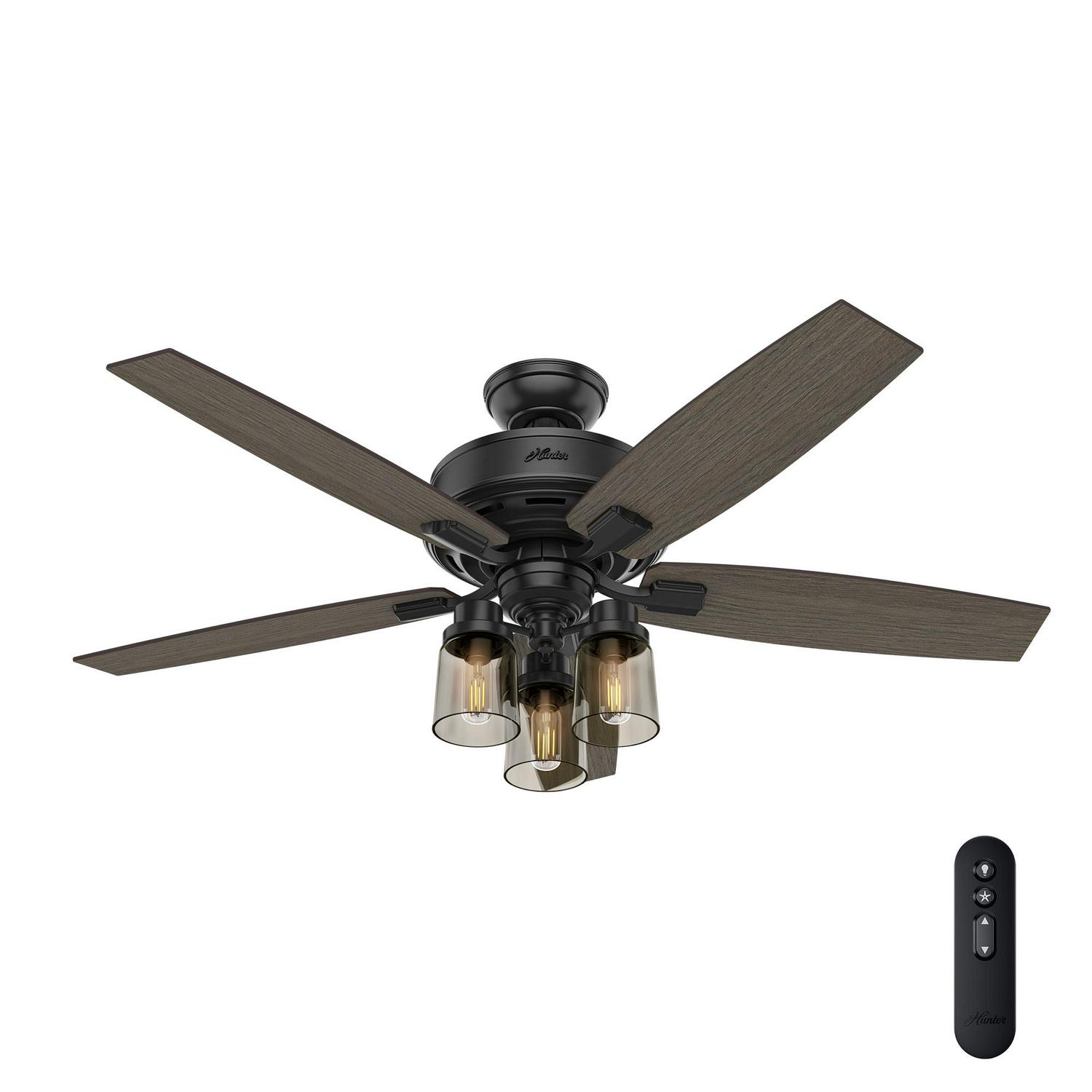 Hunter Bennett 52-in Matte Black Indoor Downrod or Flush Mount Ceiling Fan with Light and Remote (5-Blade)