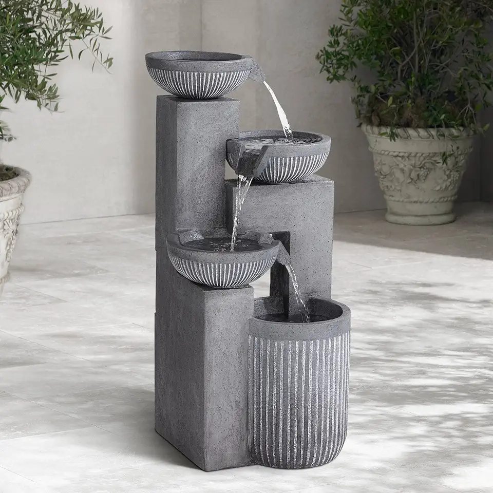Casava Modern 4-Bowl Cascading Outdoor Floor Water Fountain with LED Light 33