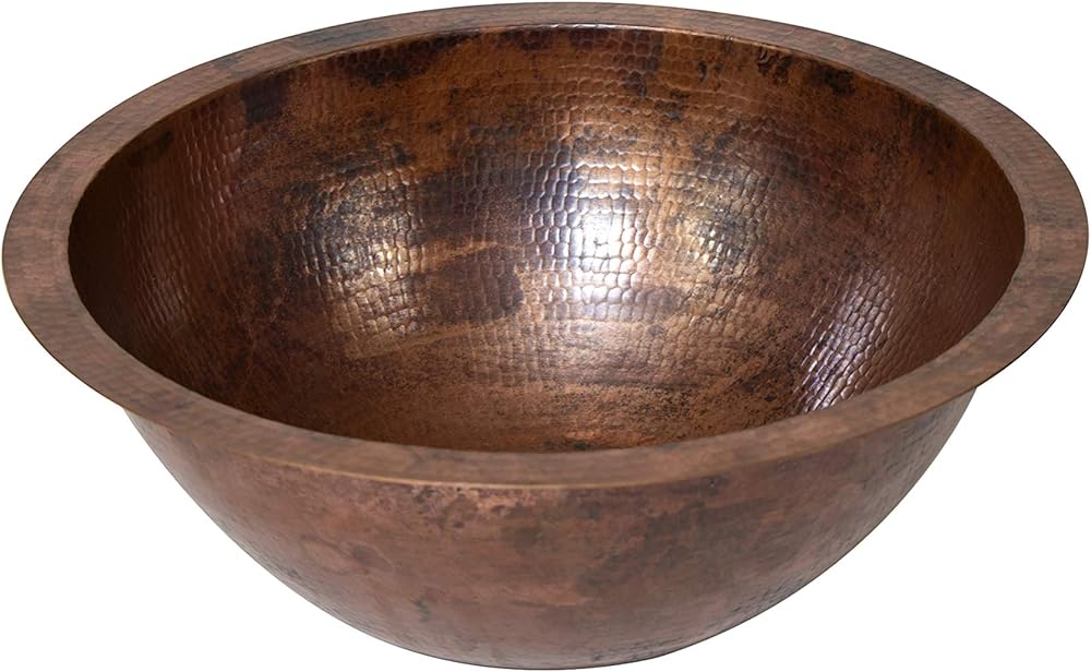 Copper Bathroom Sink, Round Hammered Copper, Natural Finish and Flat Lip, 17