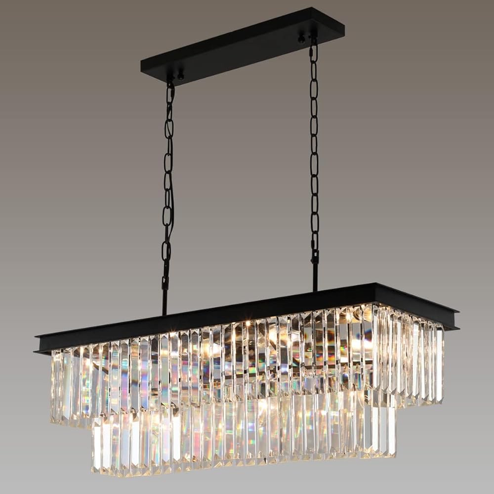 Crystal Chandeliers for Dining Room 11-Light Black Modern Chandelier Rectangle Contemporary Pendant Light Fixture for Kitchen Island Bar